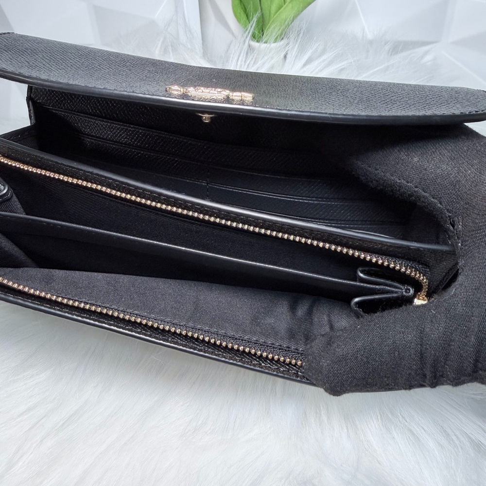 Coach Black Textured Leather Continental Clutch Wallet with Gold Logo - Picture 7 of 12